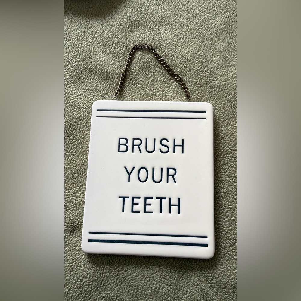 Hearth & Hand White Ceramic "Brush Your Teeth" Wall Sign with Navy Accents